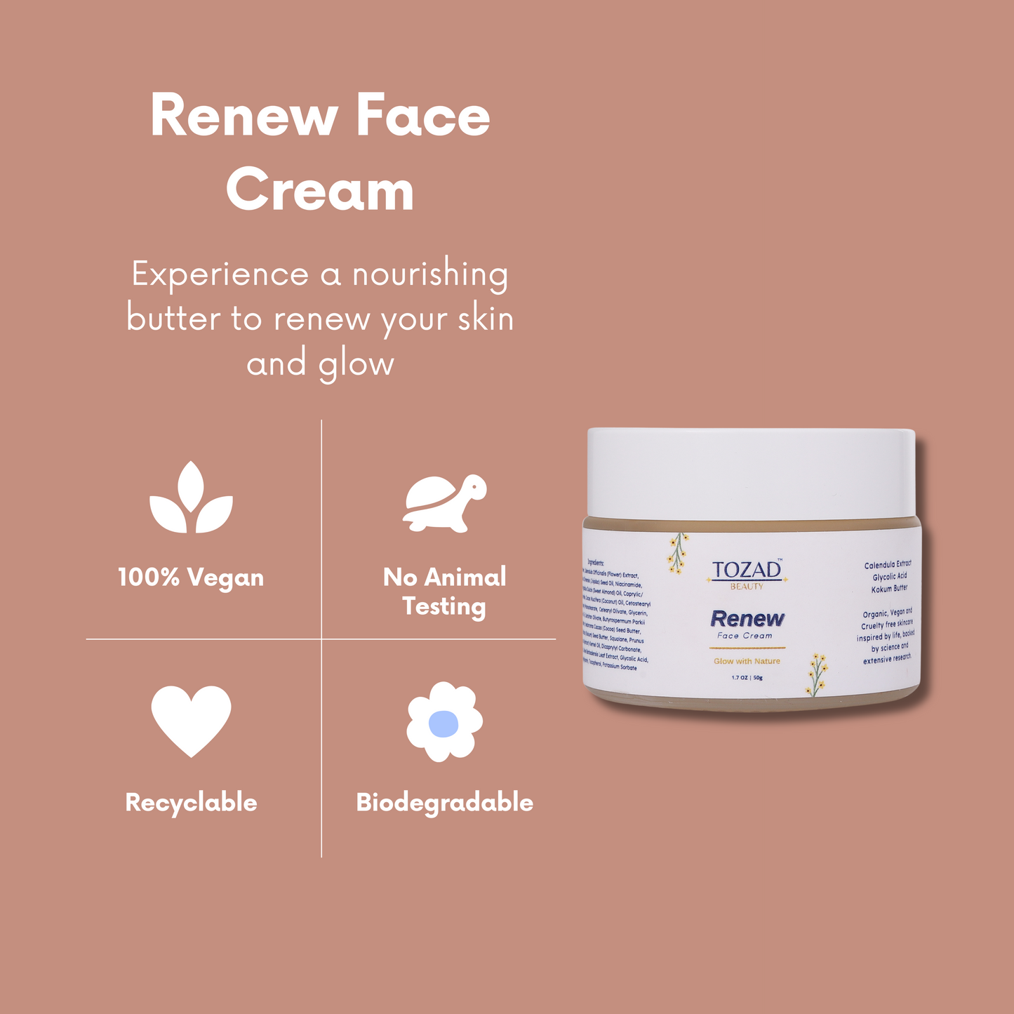 Renew Face Cream with Calendula, Glycolic Acid, Kokum Butter, Cocoa Butter, Aloe Butter, Apricot Oil